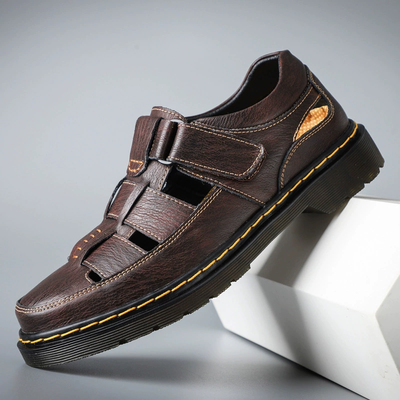 Новые летние мужские сандалии из натуральной кожи, полые сандалии на липучке, мужская дышащая повседневная обувь, рабочая одежда, сандалии на толстой подошве