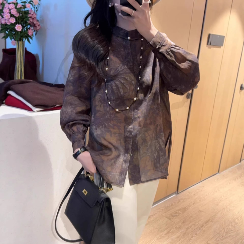 Retro Artistic~Wabi-Sabi Aesthetic Brown Printed Ramie Tencel Thin Shirt New Chinese Style Long Sleeve Top for Women Spring/Summer Retro Artistic~Wabi-Sabi Aesthetic Brown Printed Ramie Tencel Thin Shirt New Chinese Style Long Sleeve Top for Women Spring/Summer
