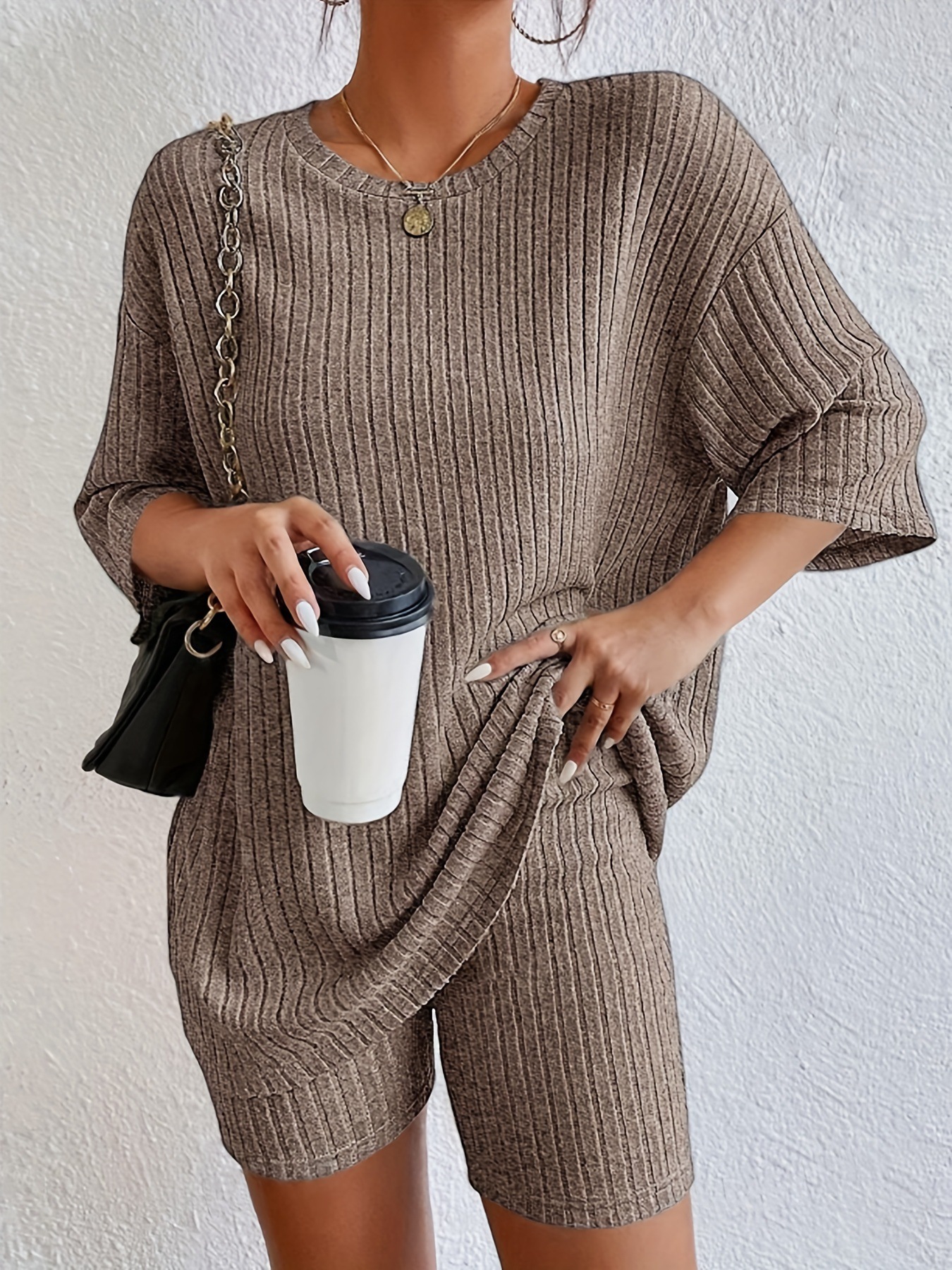 Soft Ribbed Lounge Set For Women, Relaxed Short Sleeve Top And High-Waisted Shorts, Comfortable Casual Two-Piece Outfit In Heather Gray_ecoleips.com