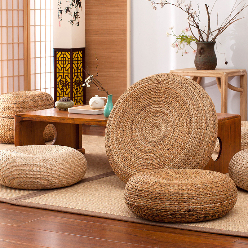 Fúten tejido de paja cojín tatami estilo japonés grueso sobre el suelo tejido de caña casa cojín de meditación redondo cojín de meditación