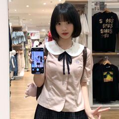 甘い制服フレッシュJKストライプシャツ夏半袖学院風日系小柄ショートシャツins