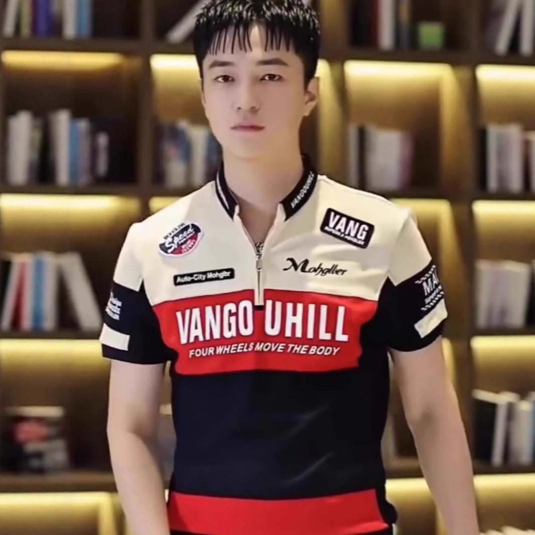 Handsome! Motorcycle Style Summer Popular Letter Printed Half-Zip Short-Sleeved Tops Versatile Men's Half-Sleeved Polo Shirts