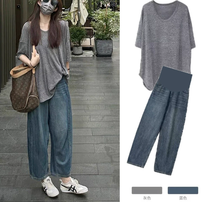 Взрывная спотовая высококачественная ткань для беременных летняя одежда 2024 новый свободный топ джинсовый набор из двух частей