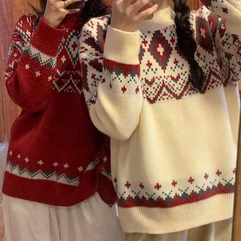 Red Christmas sweater women's outer wear autumn and winter girlfriends wear European and American retro lazy style loose bottoming sweater top