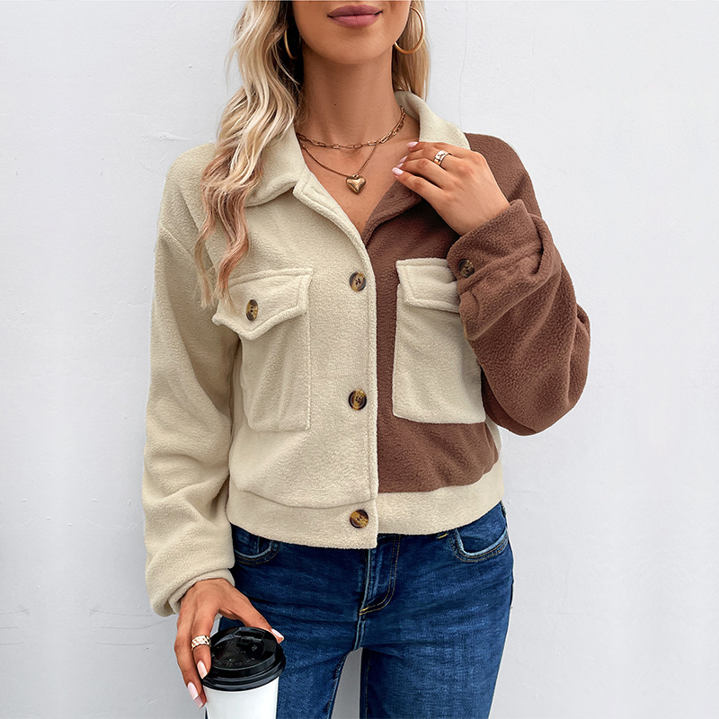 Autumn and Winter Contrast Color Block Jacket Lapel Short Jacket Polar Fleece Jacket_voghion.com