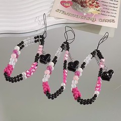 粉色卡通小熊手机挂绳女黑爱心链条蝴蝶结串珠链手机壳迷你挂饰链