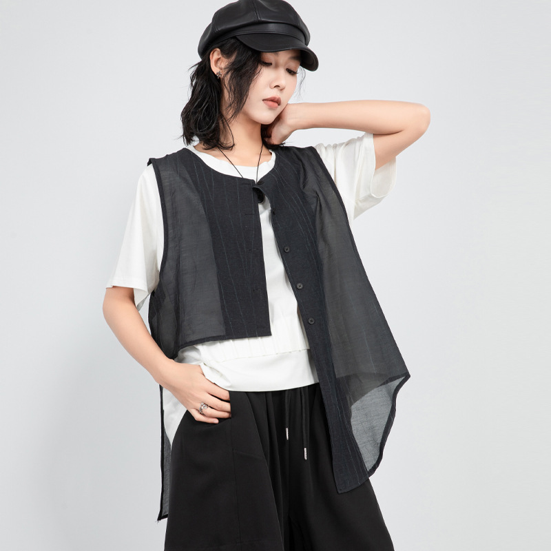 Summer New Style Western Style Cotton and Linen Vest Elegant Commuter Stacked Small Fresh Back Split Women's Irregular Vest