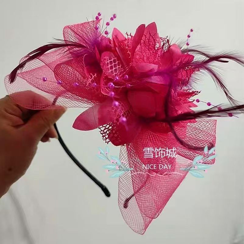 Bridal headpiece vintage mesh bow headband feather beaded headband women's wedding performance hair accessory