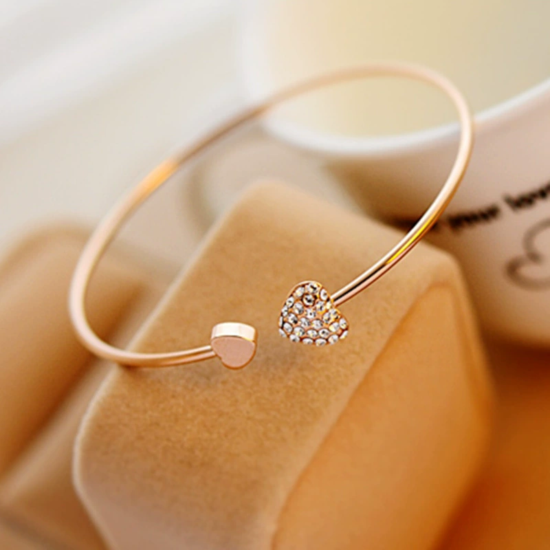 Лидер продаж на eBay, корейские ювелирные изделия, браслет в форме сердца с бриллиантами, открытый позолоченный браслет, двойное персиковое сердце, производитель, оптовая продажа