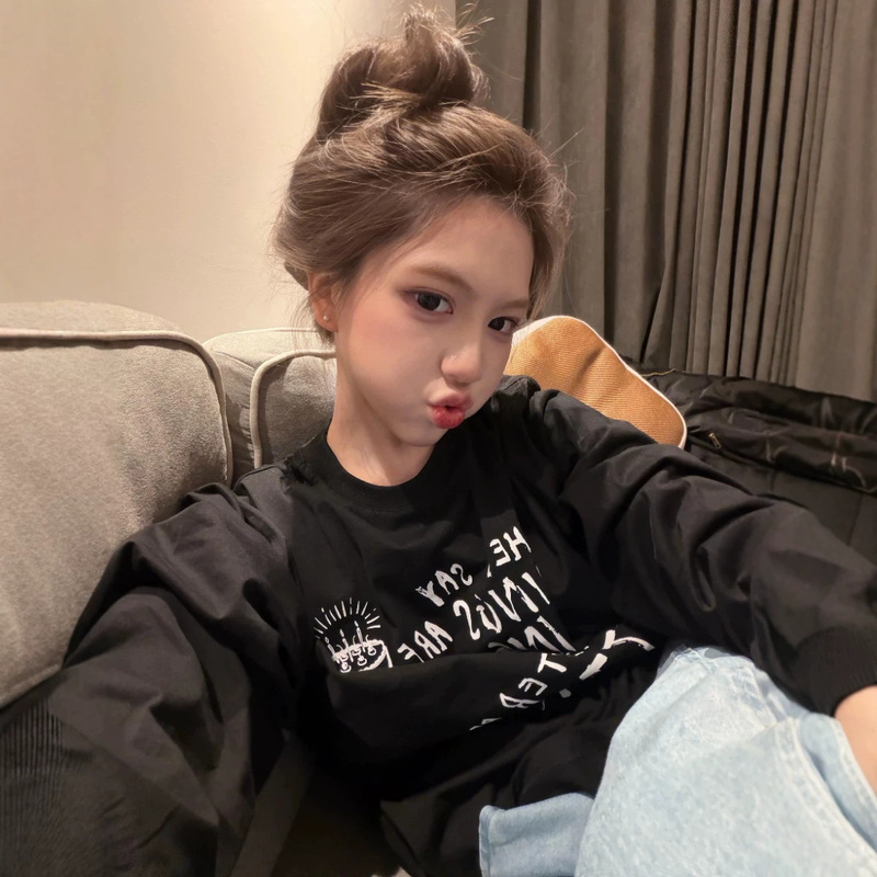Plus-size American-style pure cotton long-sleeve T-shirt for women, autumn Korean-style loose and casual inner layer top