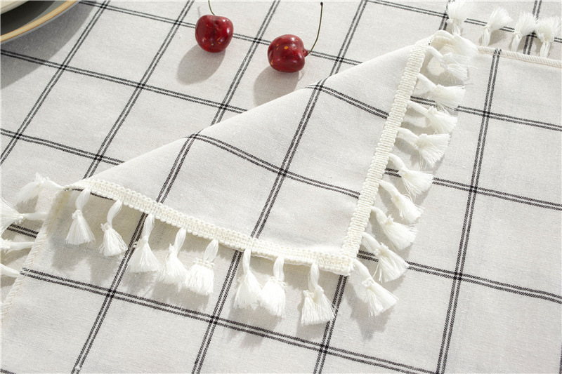 Cafe Double-line Plaid Cotton-polyester-linen Tassel Geometric Rectangular Dining And Coffee Table Tablecloth, Available_voghion.com