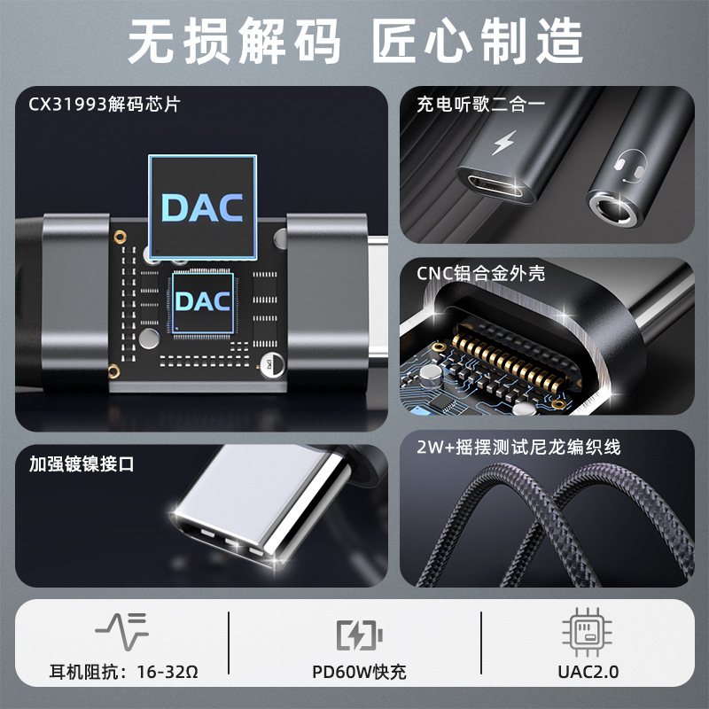 Adaptador Typec dos en uno, adaptador de auriculares otg, carga rápida, adaptador de audio para teléfono móvil, chip CX31993