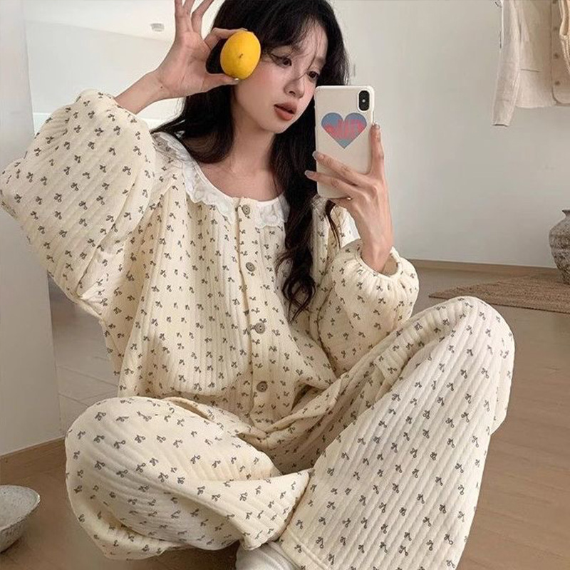Live Broadcast Pajamas for Women Autumn and Winter Long-Sleeved Air Layer Floral Sweet Lace Home Wear Set 147