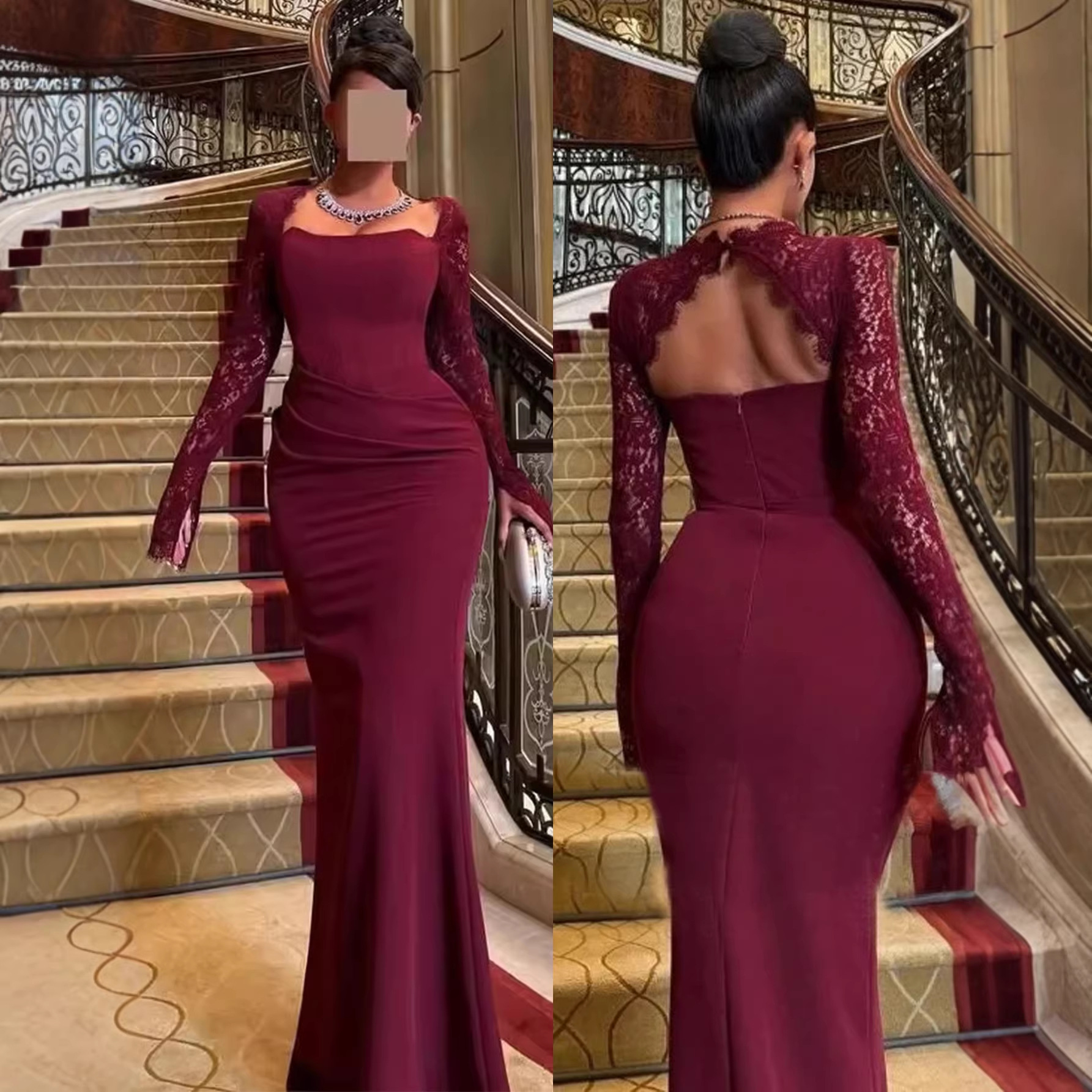 808W European and American Export Women's Clothing New Style Amazon Aliexpress Dress Long-Sleeved Lace Burgundy Dress