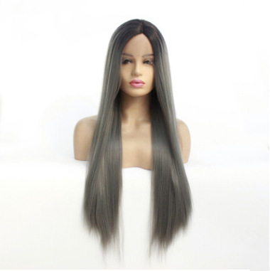 Fijación media recta gris delantera encaje semicimica fibra de seda de alta temperatura peluca LW0029