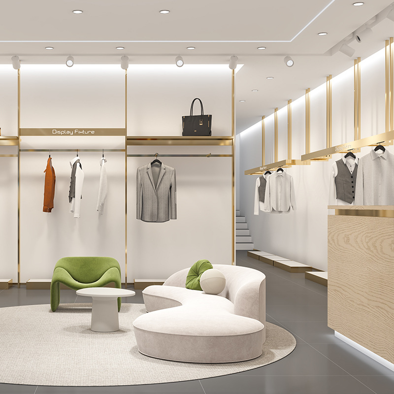 Estantes de ropa de hombre de acero inoxidable en la pared columnas del cielo simple cabina de exhibición de ropa tienda de ropa estante de exhibición estante oro