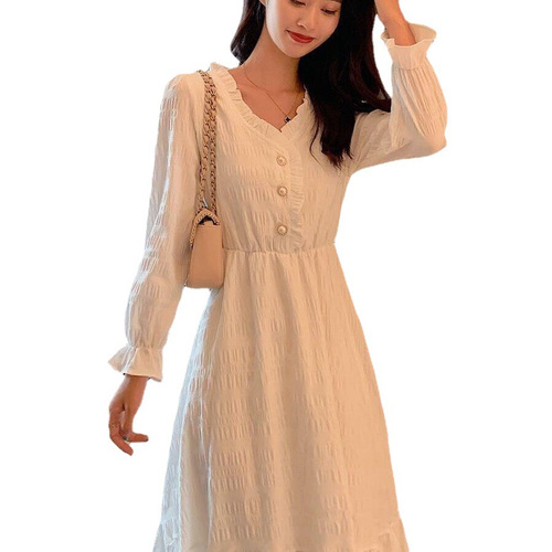 New Hepburn-style French dress long-sleeved autumn and winter dress for women with waist A-line slimming mid-length fairy skirt
