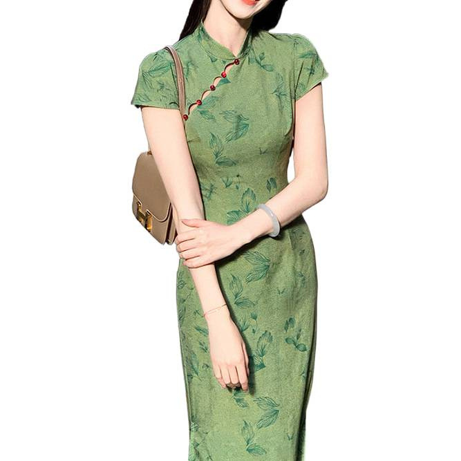 2025年 丹青绿色新中式碎花改良旗袍女夏2025新款小个子连衣裙|undefined