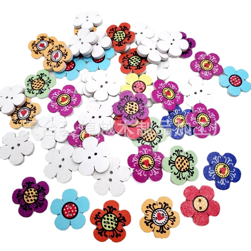 Suministro de botones de madera impresos con fondo blanco botones de flores impresos botones de ropa infantil decoración diy 50