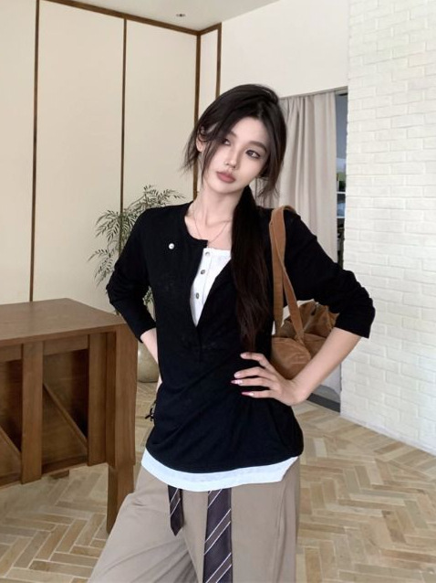 假两件拼接设计感撞色长袖T恤女秋季小众宽松休闲上衣内搭打底衫|undefined