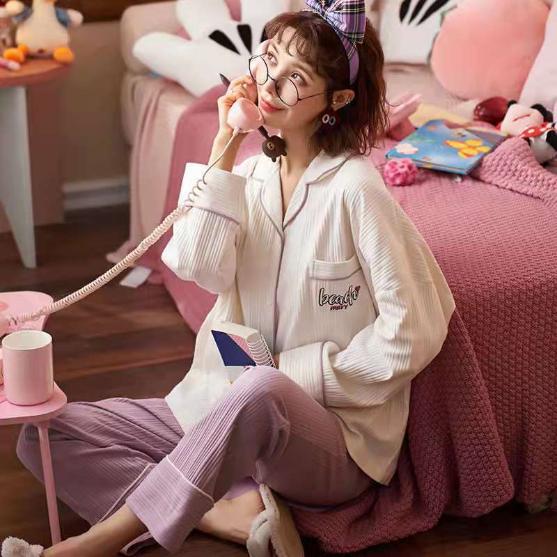 Tiktok mismo estilo pijamas de algodón de las mujeres de primavera y otoño de manga larga más tamaño se puede usar fuera de algodón desgaste del hogar traje de verano