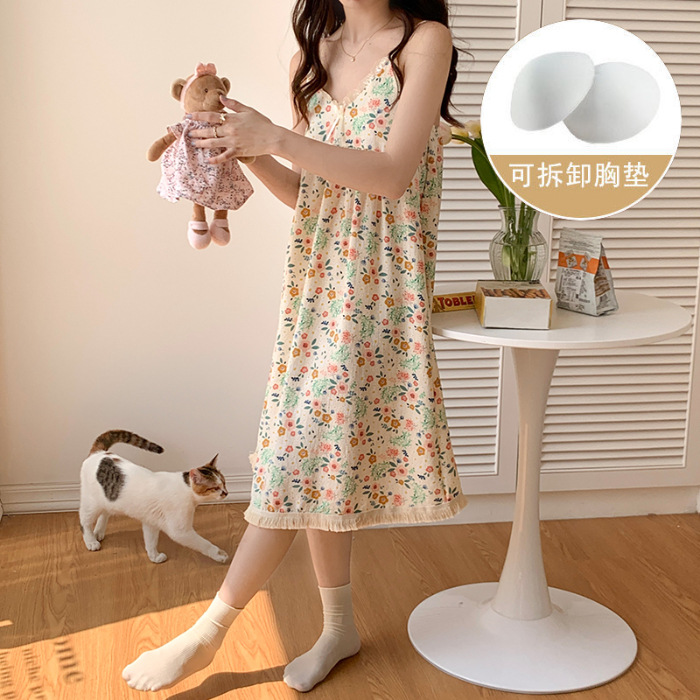 Pantalones de pijama de verano de mujer, almohadillas de pecho, viento, lindos encajes de cuello en v, flores cortas, arte, pijama casero
