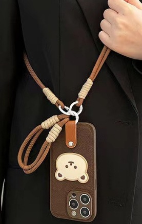 Colgante diagonal largo + cuerda corta + parche de oso marrón + cuero marrón + patrón de pozo lunar