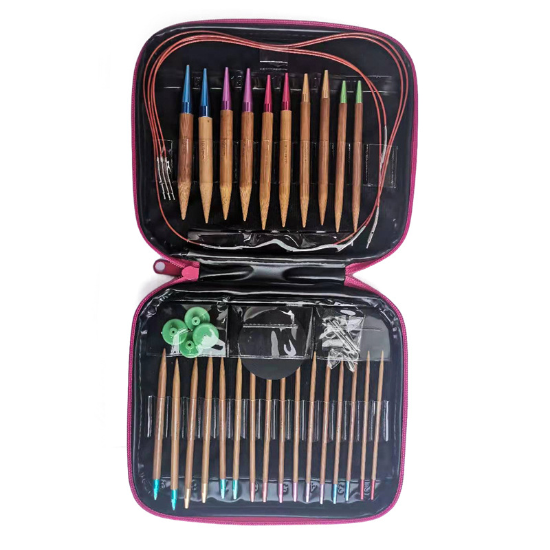 Herramienta de tejer suéter aguja anillo desmontable aguja color anillo de bambú carbonizado aguja conjunto de 13 pares de envases de La PU