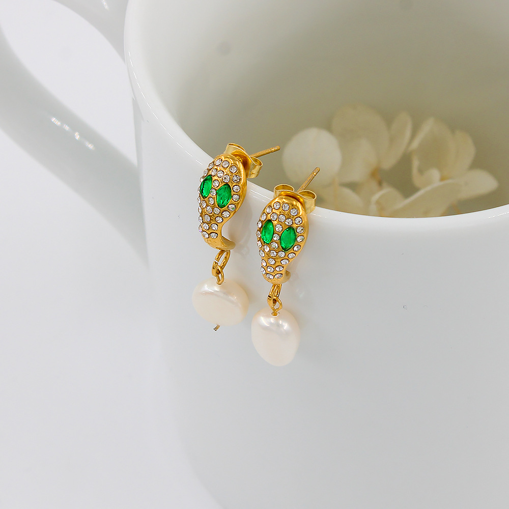 Party Occasion Stainless Steel Material 1 Pair Ins Style Snake Stainless Steel Pearl Inlay Zircon Drop Earrings