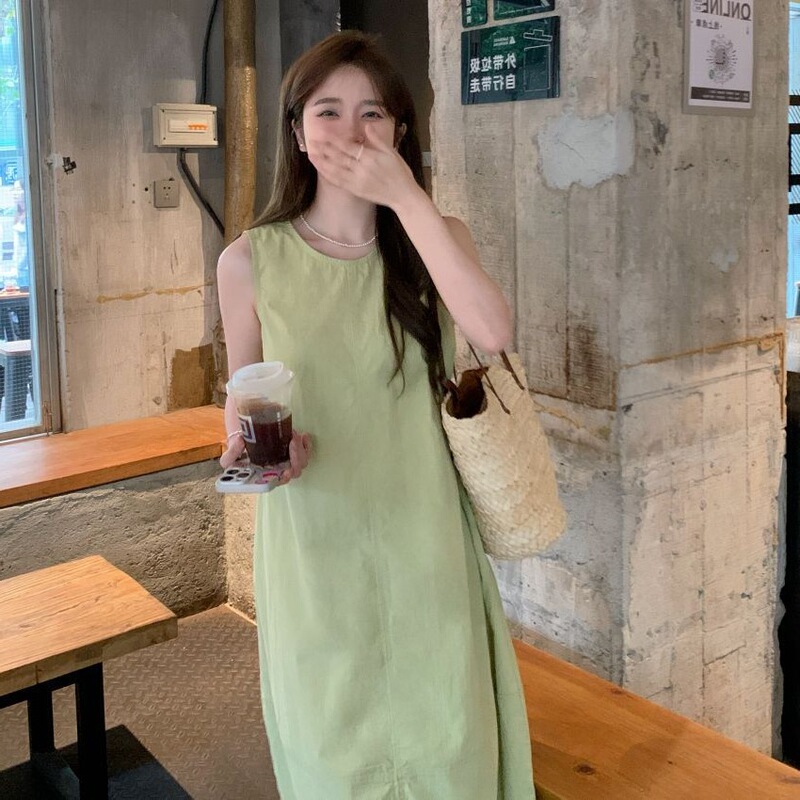 Korean-Style Slim-Fit Fresh Green Vest Dress for Women, Spring 2025 New Mid-Length Casual Loose Dress