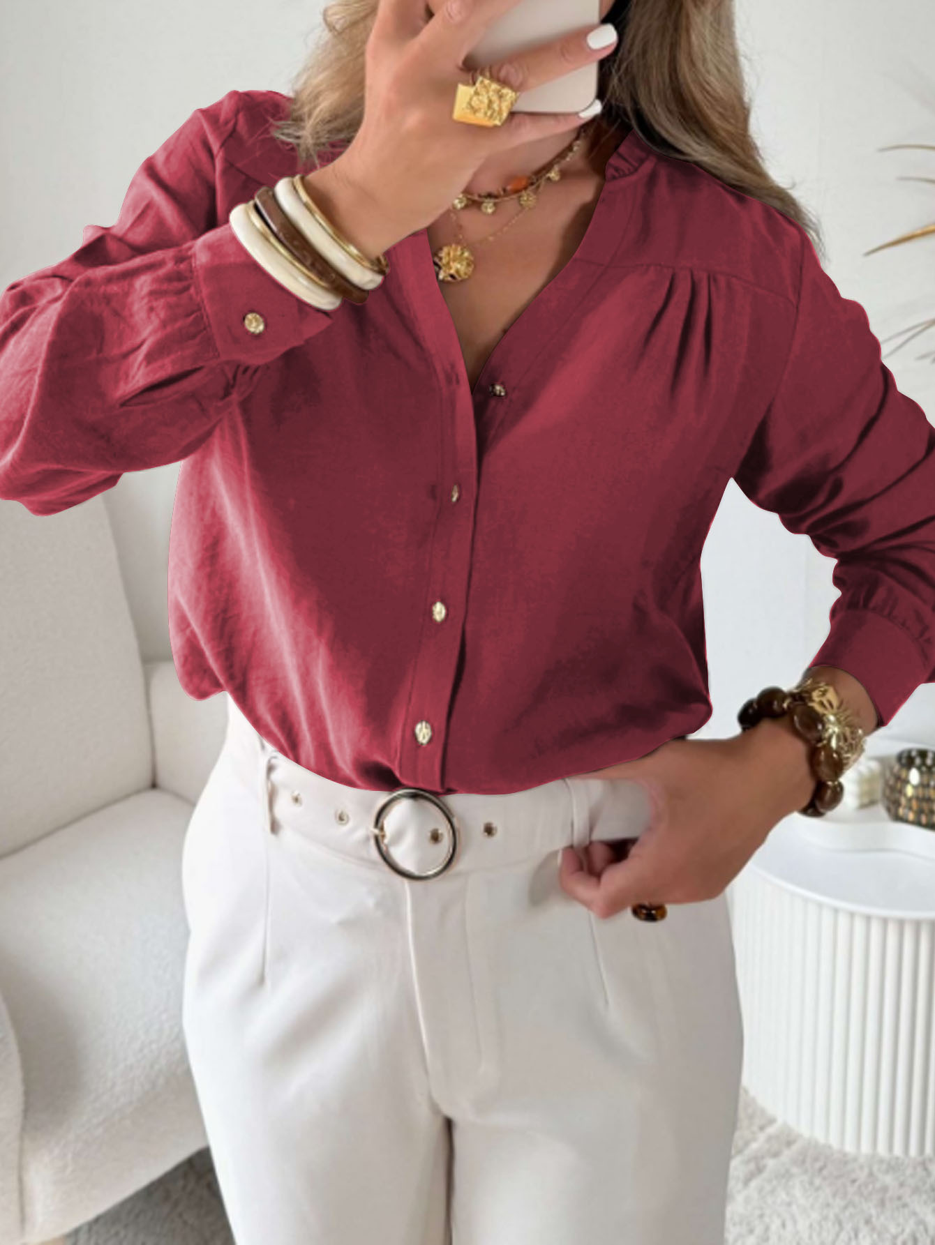 Plus Size Women's Ruffle Collar Blouse, Elegant Long Sleeve Shirt With Floral Lace Trim For Office & Casual Wear_voghion.com