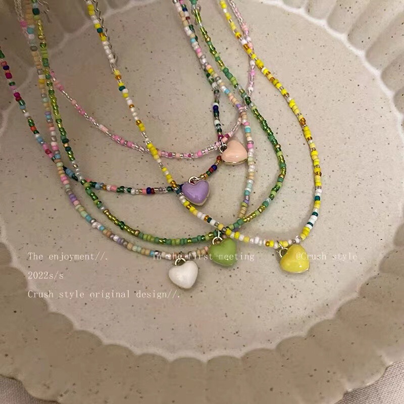 Korean Version Sweet Versatile Candy Color Dopamine Heart Rice Bead Necklace Beaded Girly Temperament Collarbone Chain for Women