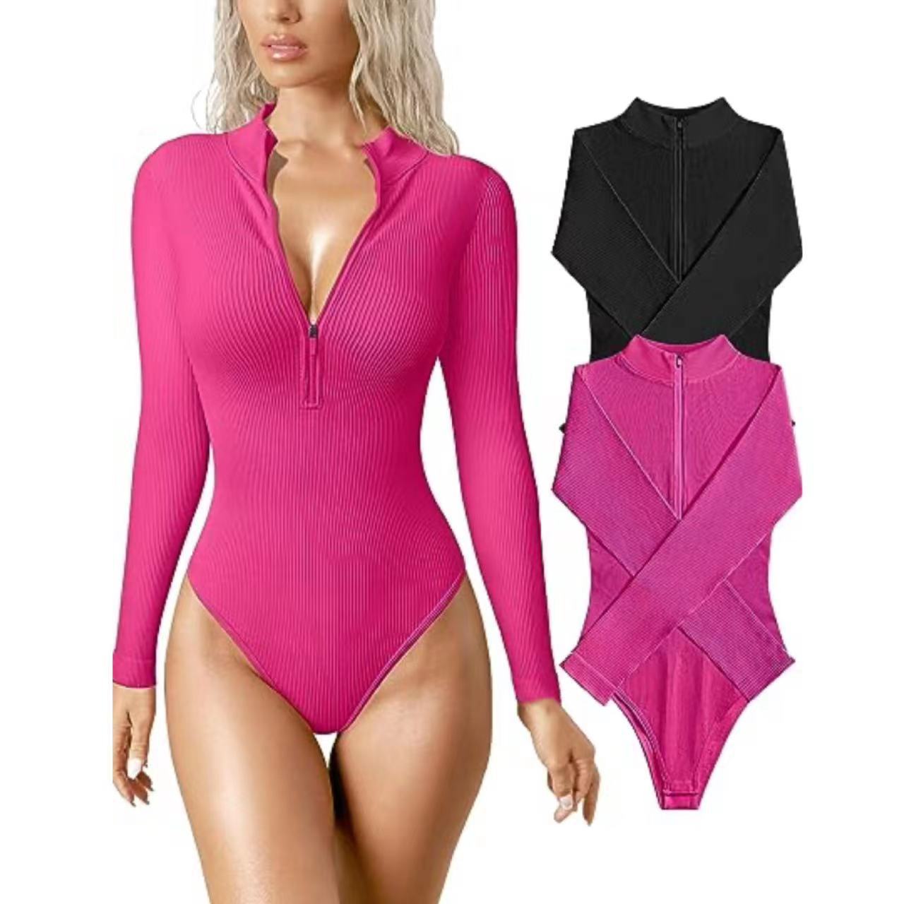 Ribbed Long Sleeve Bodysuit With Front Zipper - Stretchy Soft Fabric For Women, Seamless Layering Top, Comfortable Casual And Night Out Jumpsuit_ecoleips.com