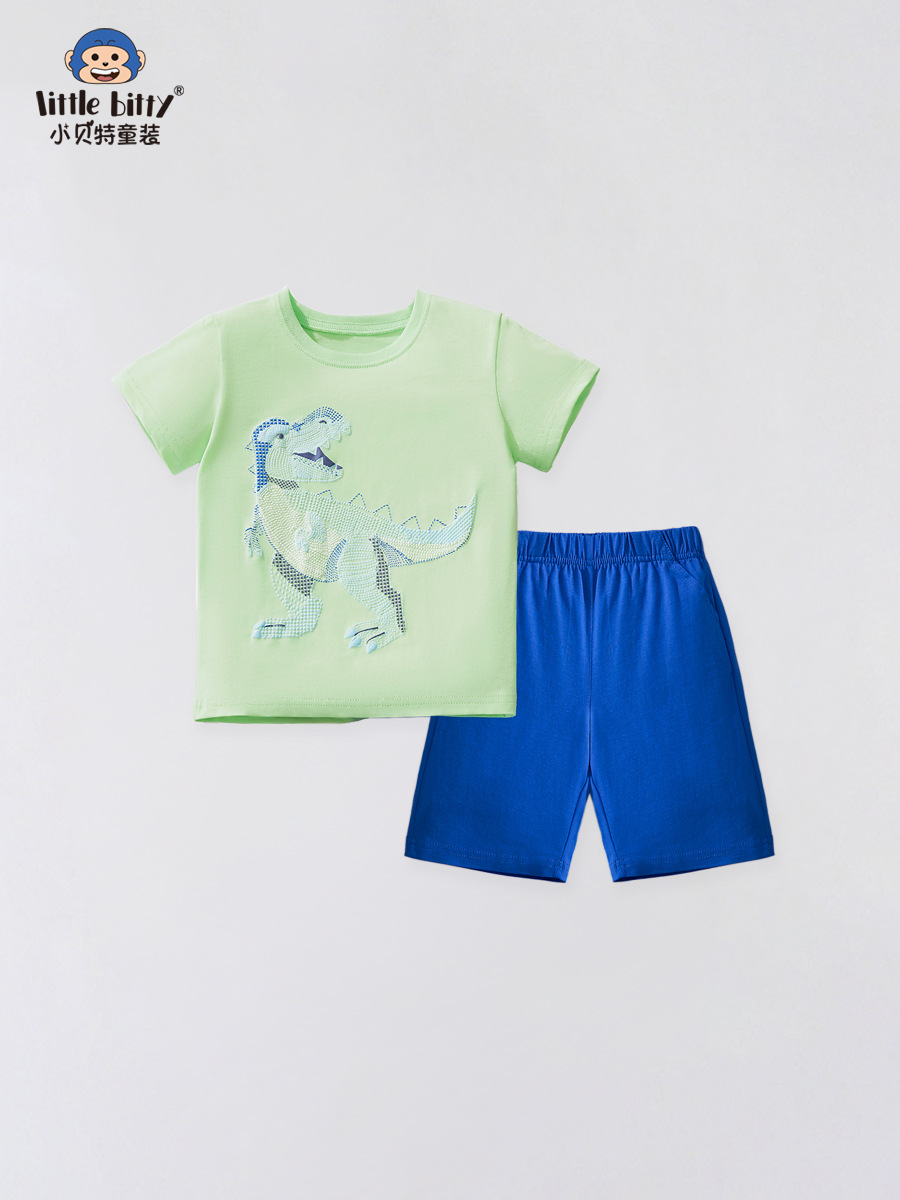 Verano de 2025 nuevos pantalones cortos de mangas cortas para niños de dos piezas de ropa infantil de dibujos animados dinosaurios ropa infantil para niños