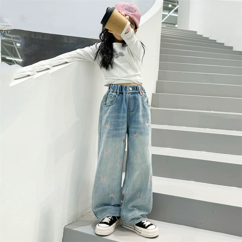Denim Trousers Teen, Embroidered Hearts, Spring–Autumn Wide-Leg, Sizes 120–170 cm