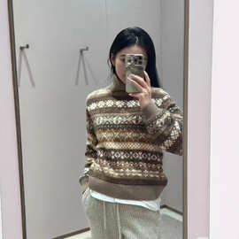 2024冬季新款复古提花羊毛羊绒针织高领毛衣套头衫上衣女