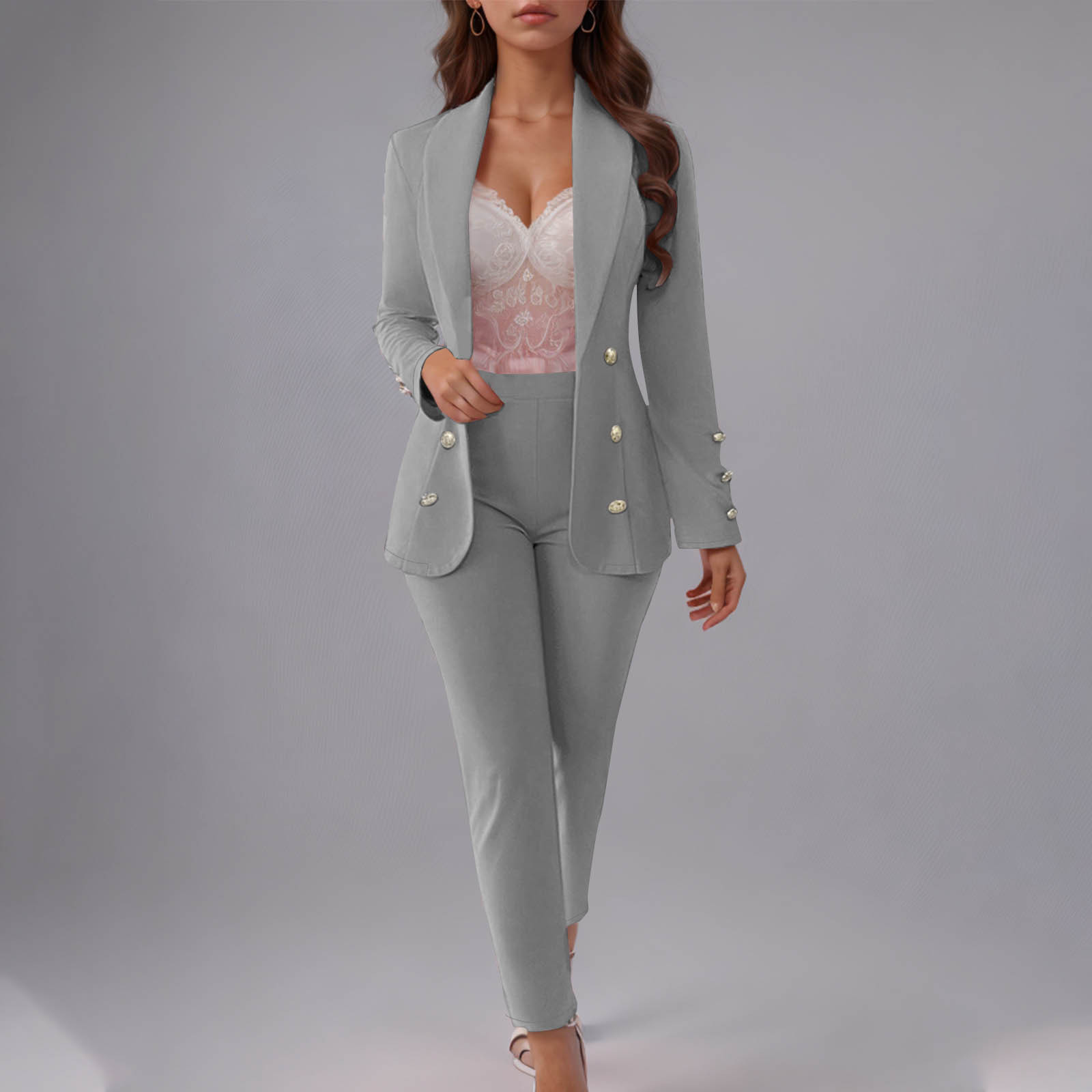 Women's Button-Up Blazer Set – Slim Fit Notch Lapel Suit Jacket & Pants (S-3XL, Poly-Spandex, Wrinkle-Free Office Wear)​_ecoleips.com