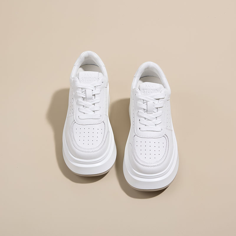 White Leather Thick-soled Sneakers Versatile Women’s Casual Shoes_voghion.com