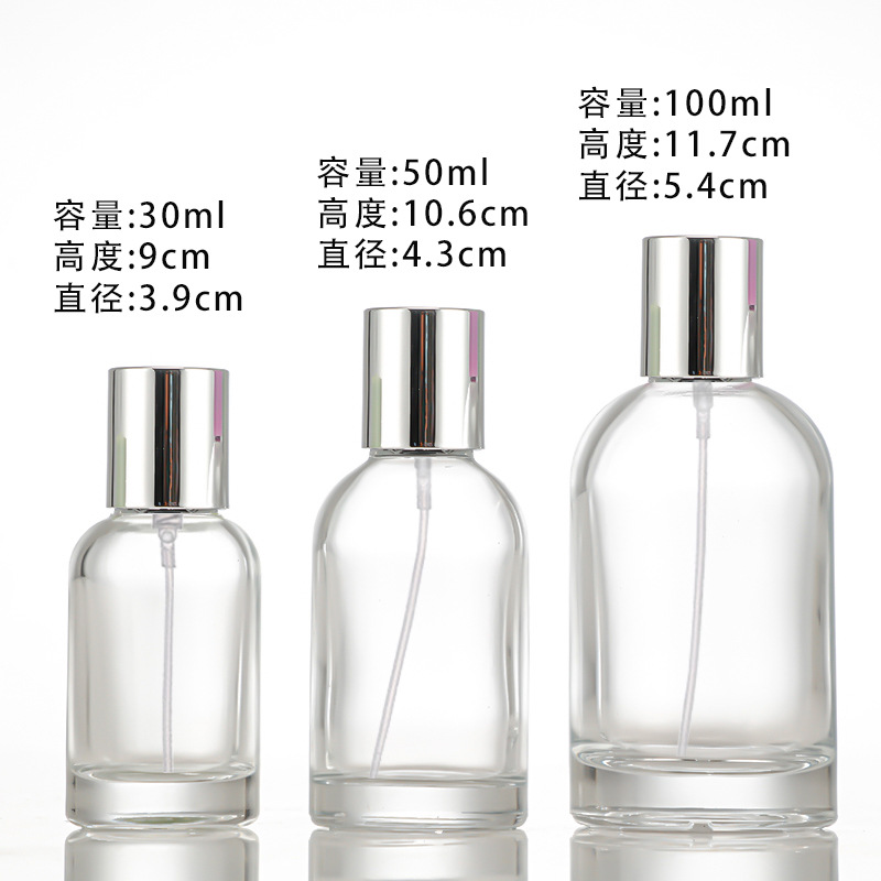 Botella de perfume puntual, material blanco de cristal transparente, botella de embalaje cosmético de vidrio, botella de relleno de perfume en aerosol de bayoneta, botella vacía