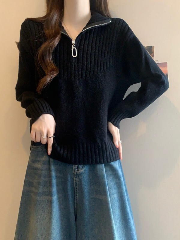 半拉链翻领内搭毛衣女秋冬2025大码胖mm宽松坑条慵懒风针织衫上衣|undefined