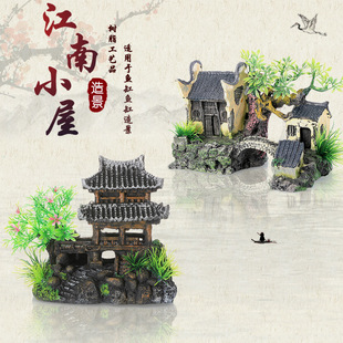New Jiangnan Cabin Yunhe Building House House Decoration Set Living Room Fish Tank Aquarium Resin Building Landscape