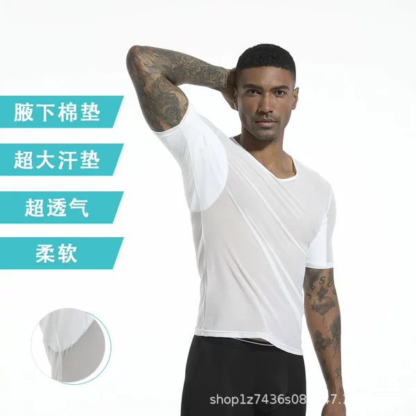 Wholesale Men's Mesh Underarm with Sweat-Absorbent Pad Cotton Vest Breathable Anti-Sweat Stain Men's Underarm Sweat-Absorbent Short-Sleeved Shirt