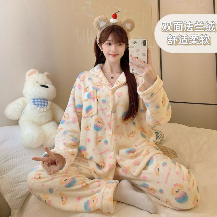 Invierno mayorista transfronterizo de terciopelo engrosado cardigan coral terciopelo franela pijamas de mangas largas de mujer set de ropa para el hogar