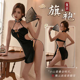 性感情趣内衣女梅花刺绣饰高开衩旗袍古典丝绒制服情内衣趣女制服
