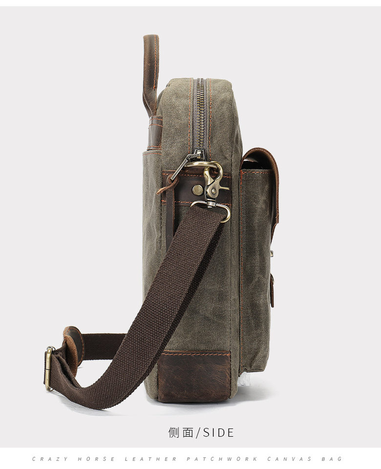 Túi đeo chéo nam da bò phối vải canvas kiểu dọc — Màu vải Kaki đậm, Màu xanh lam nhạt, Màu xanh quân đội, Màu đen chi tiết 29