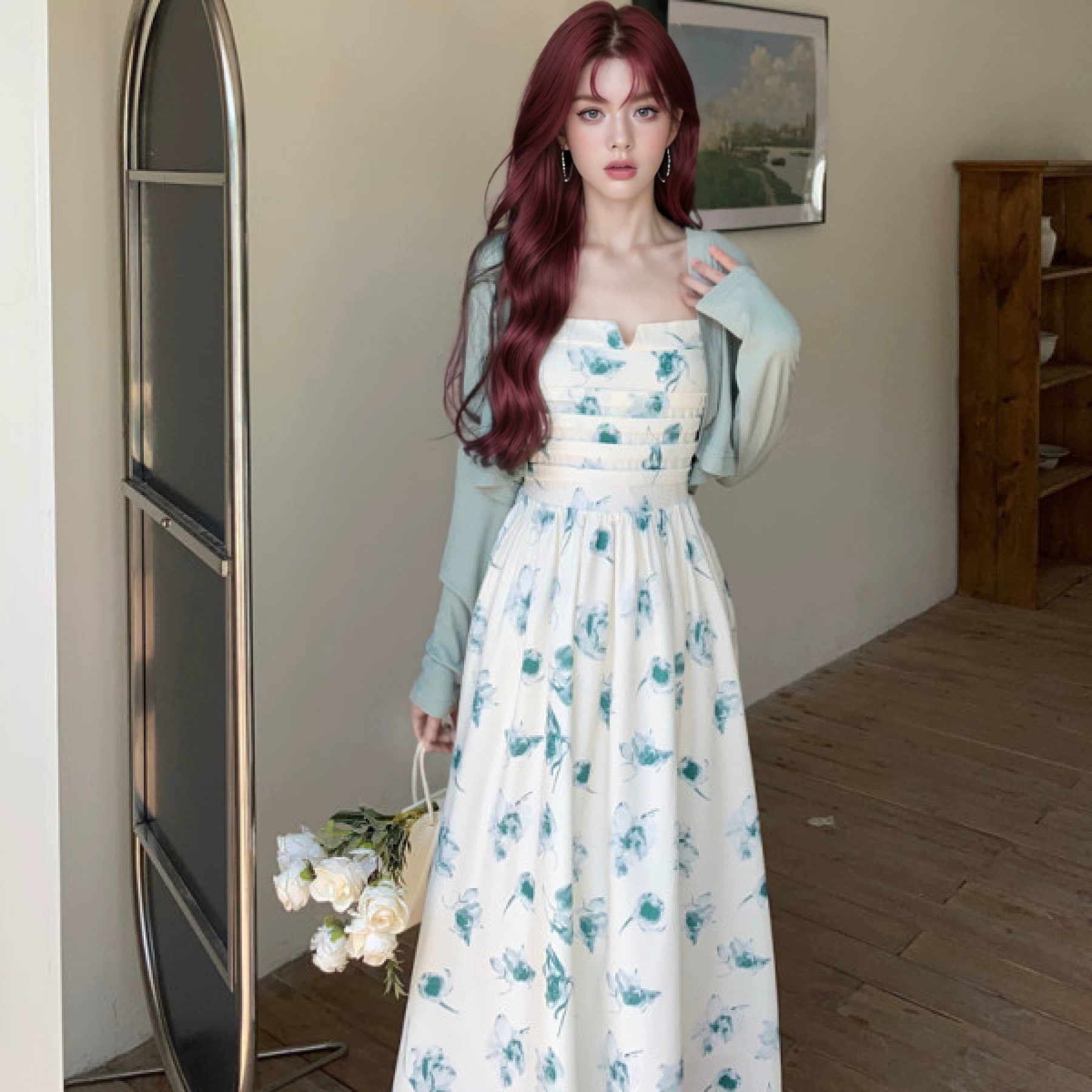 Кардиган, летнее платье, длинная юбка, комплект, floral принт