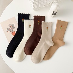 Autumn Wave-Edge Pile-Up Socks, Instagram-Fashionable Macaron-Colored Embroidered Tulip Cotton Socks, Japanese-Style Mid-Calf Socks
