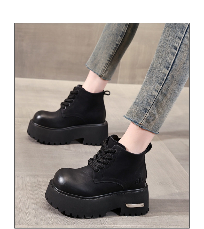 Giày boot nữ đế dày tăng chiều cao, dây buộc, phong cách đa năng — màu đen chi tiết 13