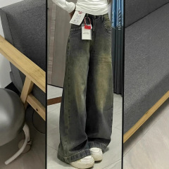 复古做旧阔腿牛仔裤女夏季新款高腰宽松显瘦垂感百搭拖地直筒长裤