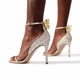 外贸heels 2023年欧洲站新款蝴蝶装饰金色亮片细高跟女凉鞋35-42